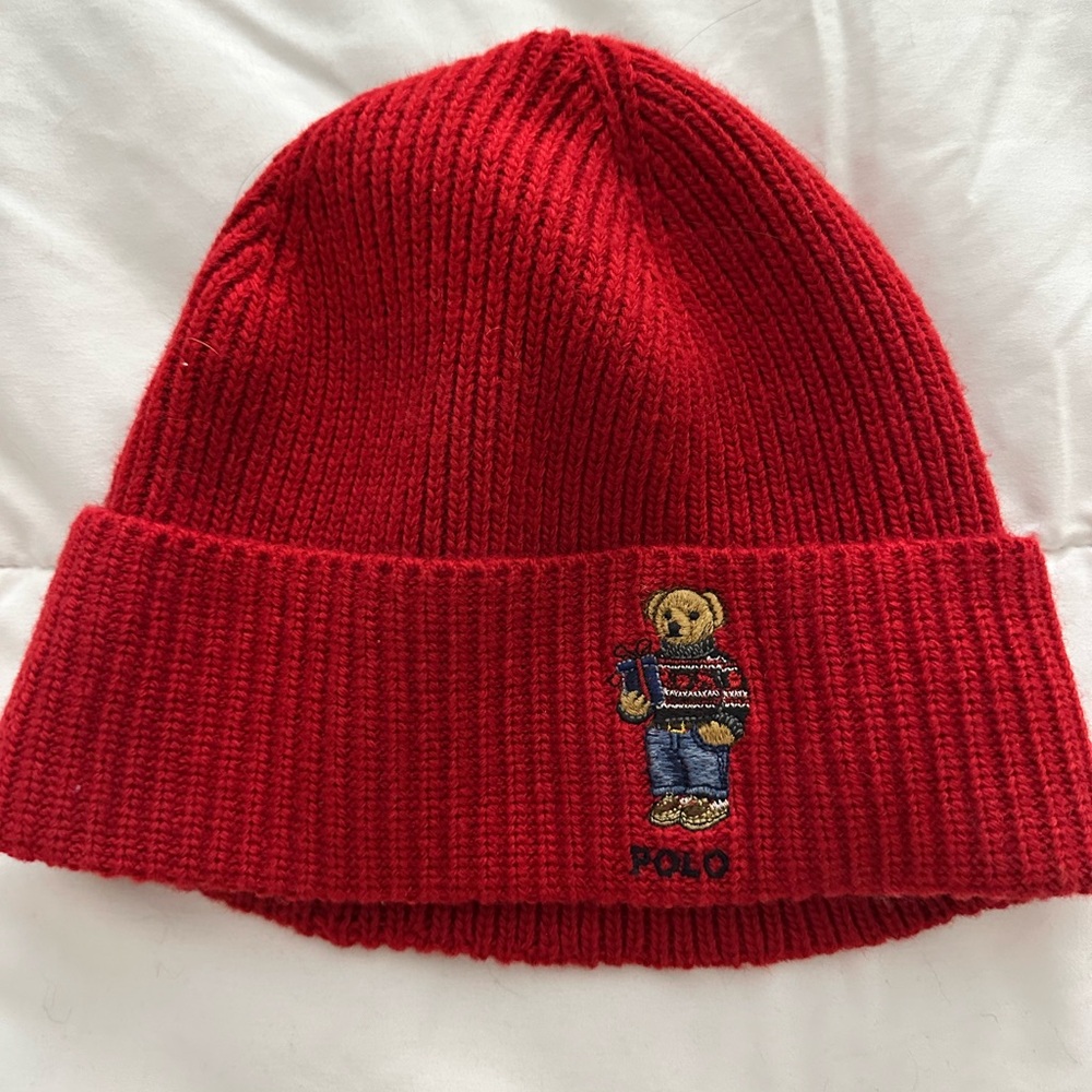 Polo Red Knit Beanie with Bear Patch